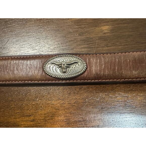 Brown Leather Western Texas Silver Longhorn Belt Men Large Cowboy Measurements - Picture 2 of 6